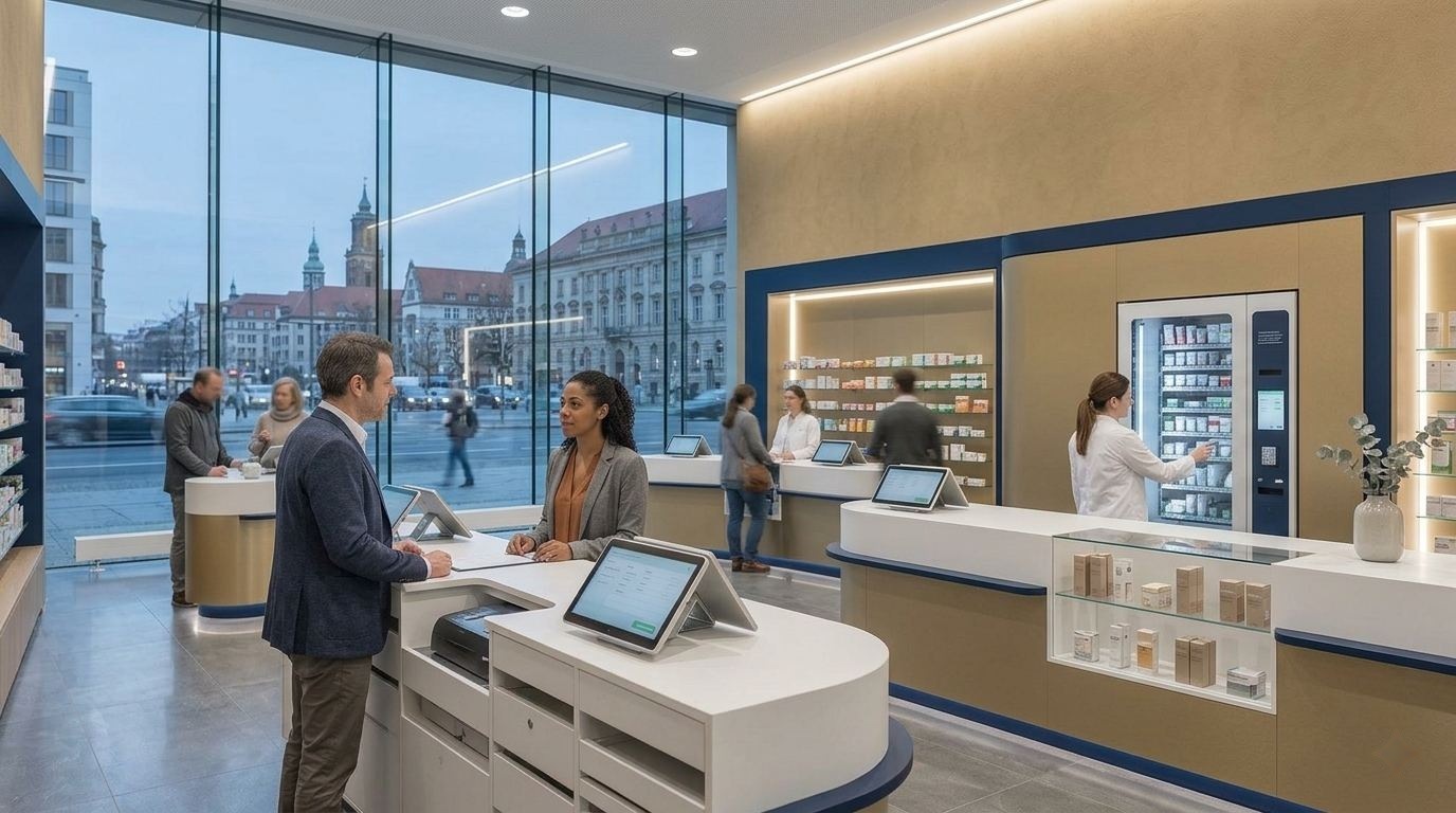 Moderne Offizin mit Kommissionierautomat und E-Rezept-Terminal – Apotheken