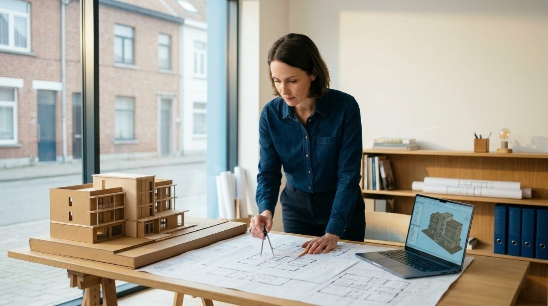 Architektin am Zeichentisch mit Plänen und Modell – Architektur & Freie Berufe
