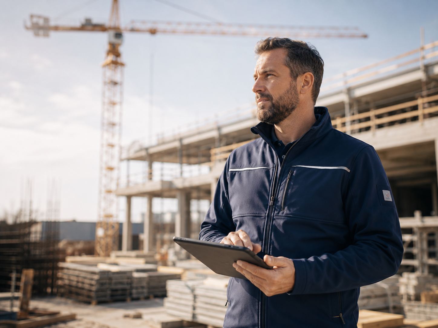 Bauleiter mit Tablet auf der Baustelle