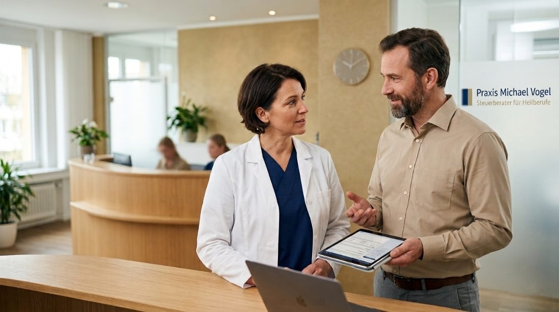 Ärztin und Steuerberater im Gespräch am Empfang einer modernen Praxis – Gesundheit & Gesundheitswirtschaft