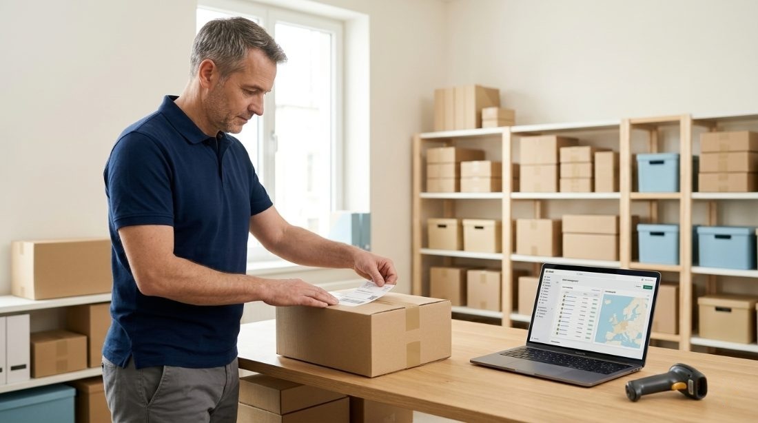 Versandlager mit Paketen und Laptop – Onlinehandel