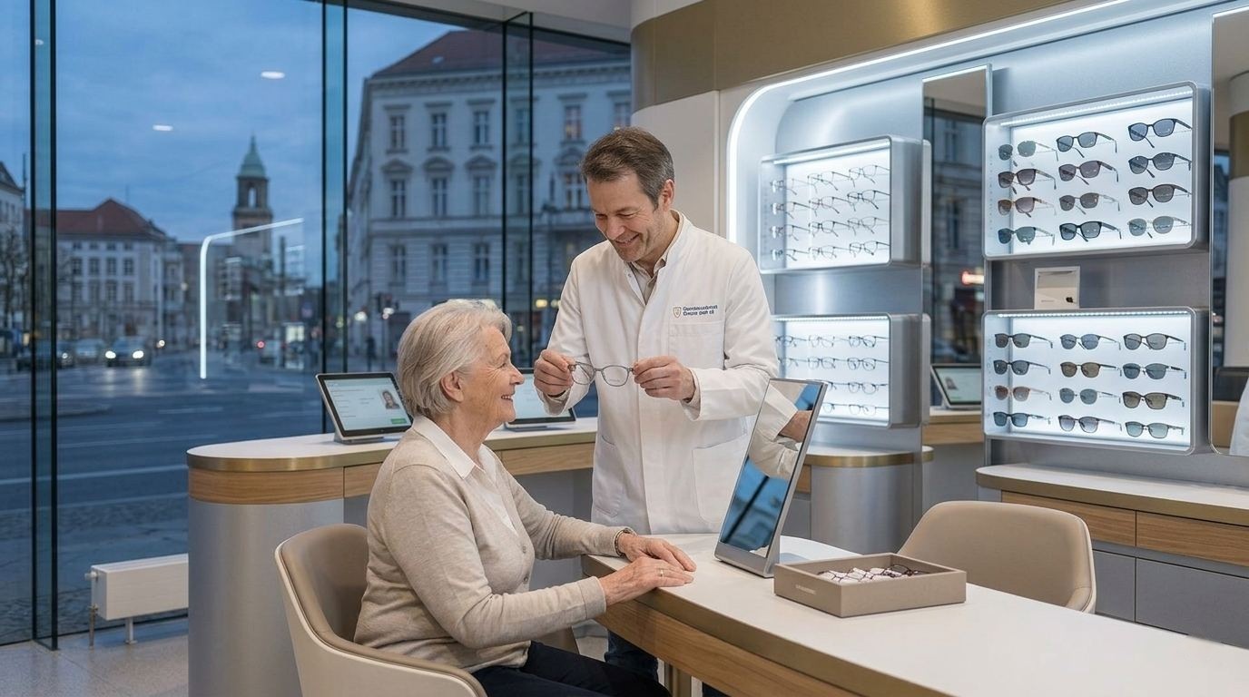 Augenoptiker in der Sehberatung mit Kundin im hellen Anpassbereich – Gesundheitshandwerk