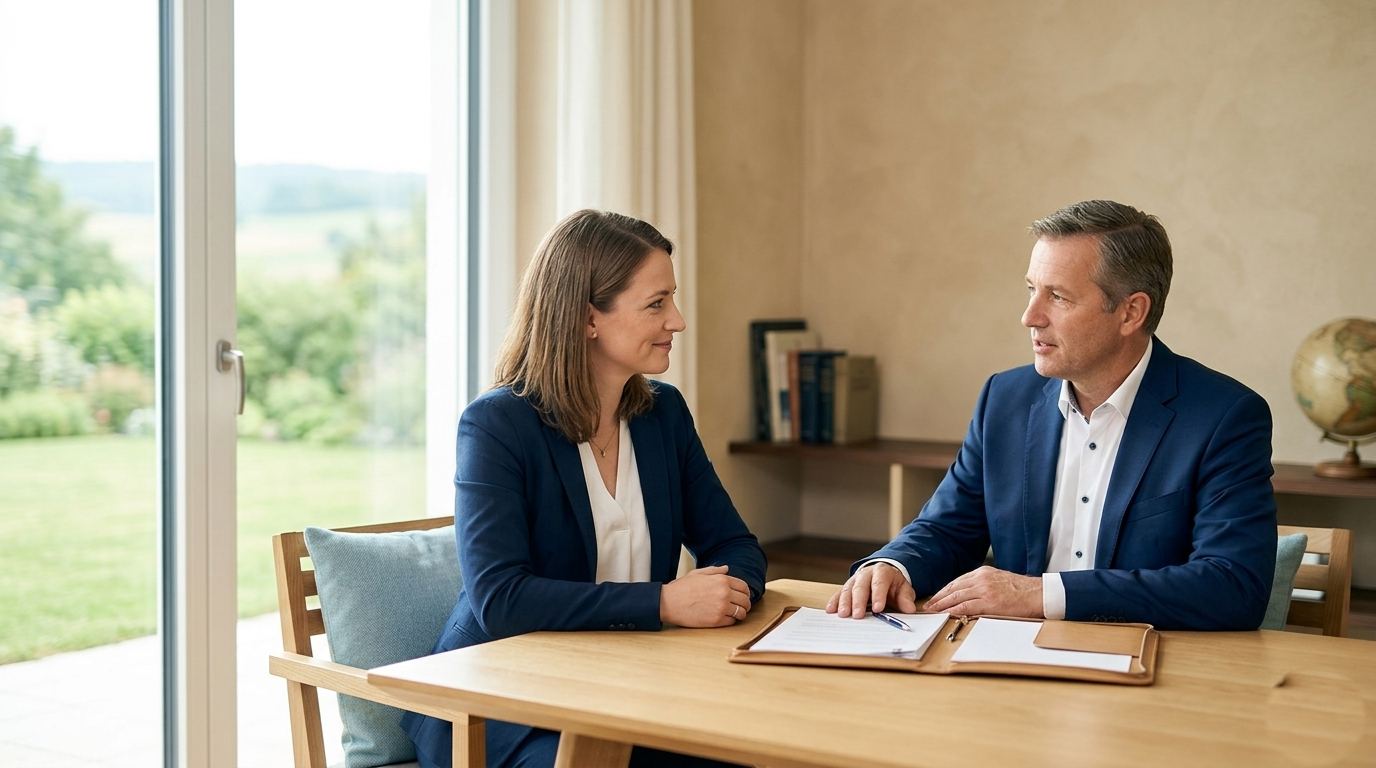 Beratungsgespräch am hellen Tisch – Privates Einkommen und Vermögen